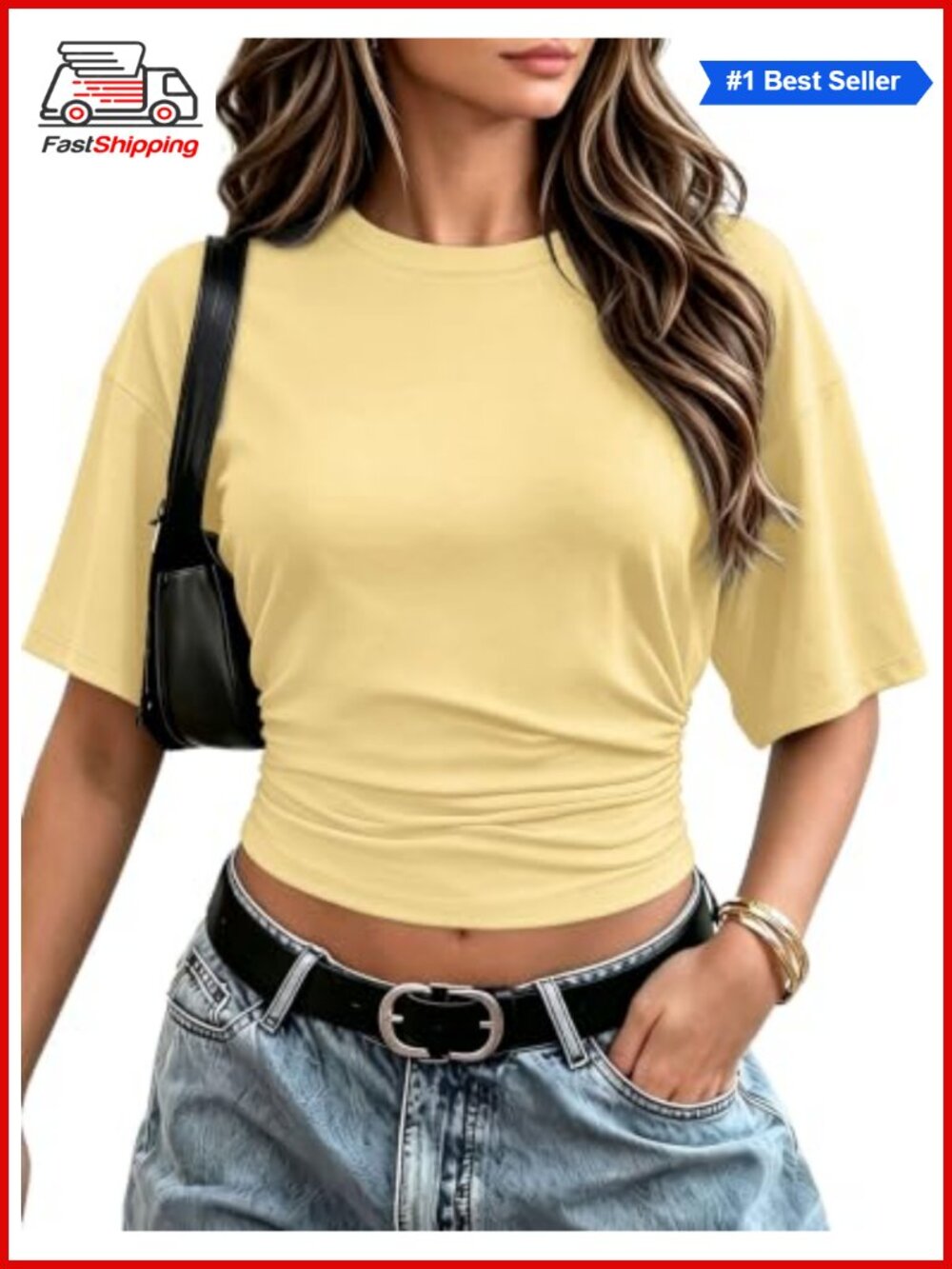 Women's Crop Top Batwing Short Sleeve Ruched Waist Fitted Basic Tee